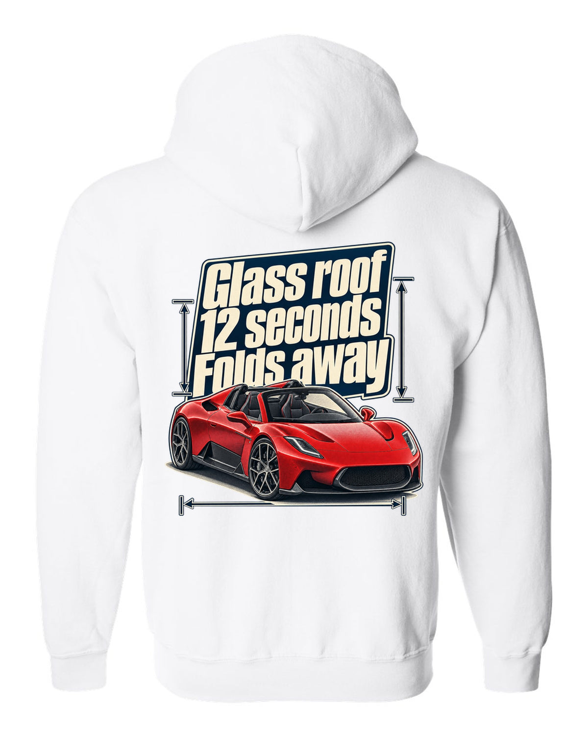 Maserati MC20 Cielo editorial headline print on a shirt white zip hoodie back view with the design