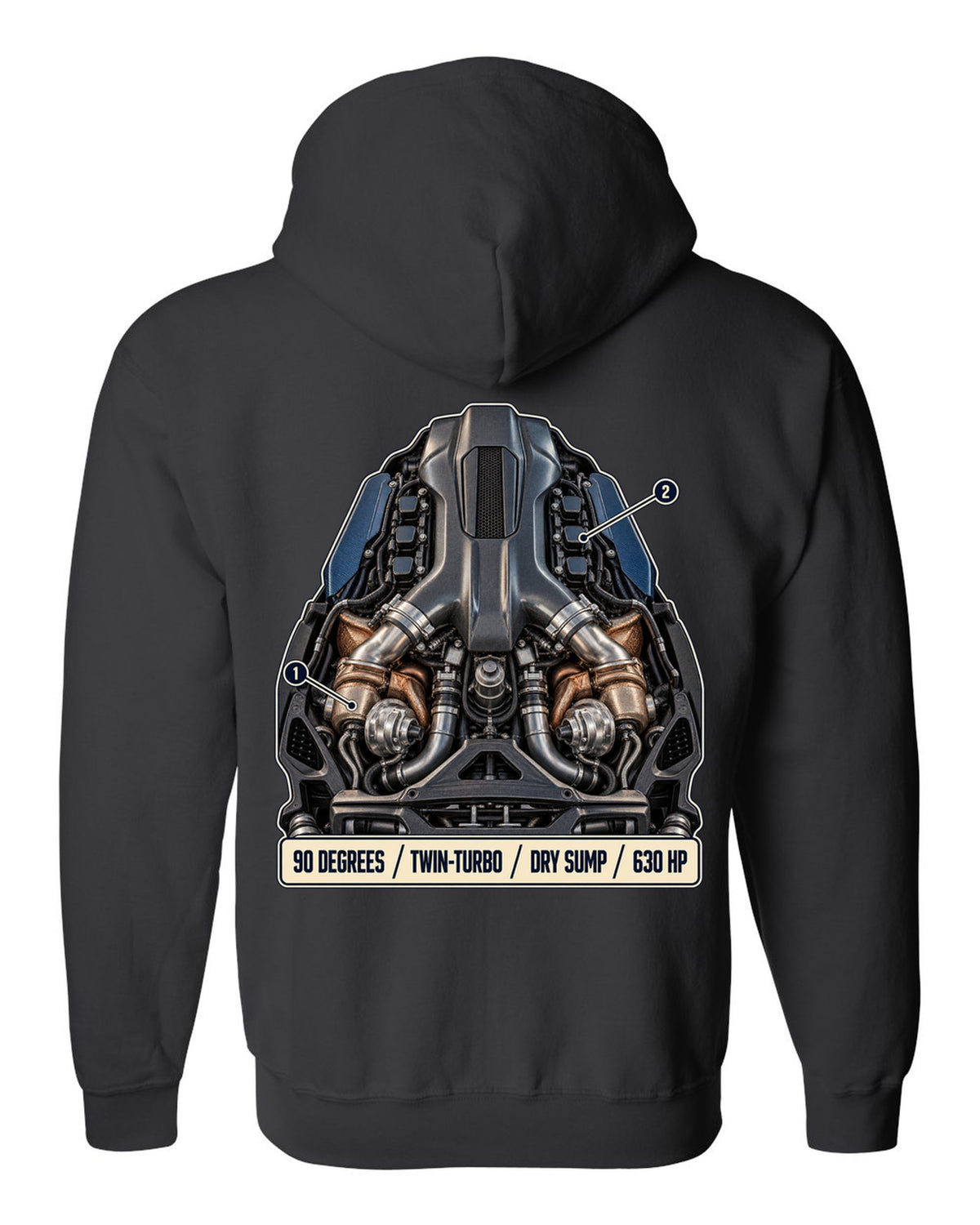 Maserati MC20 Nettuno V6 engine hero illustration, print black zip hoodie back view with the design