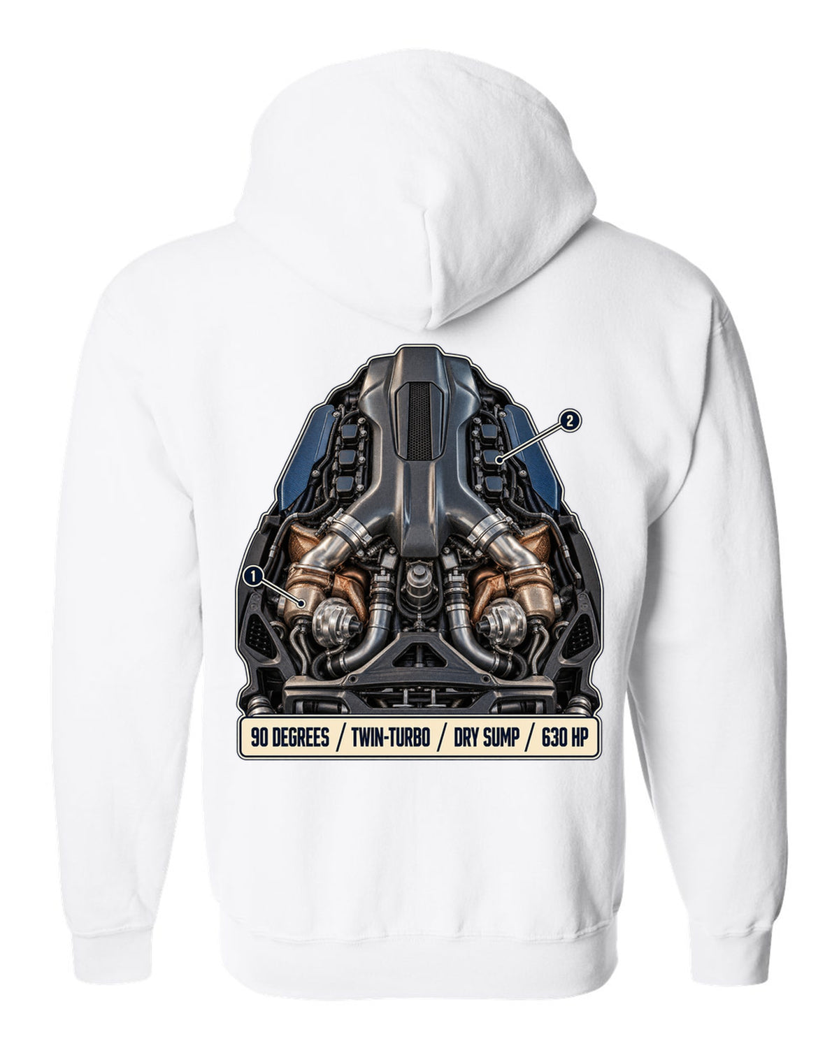 Maserati MC20 Nettuno V6 engine hero illustration, print white zip hoodie back view with the design