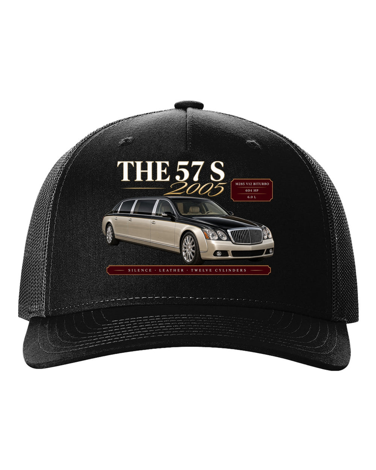 print archive panel of a Maybach 57 S W240 with text silence, leather, twelve cylinders black hat front view with the design