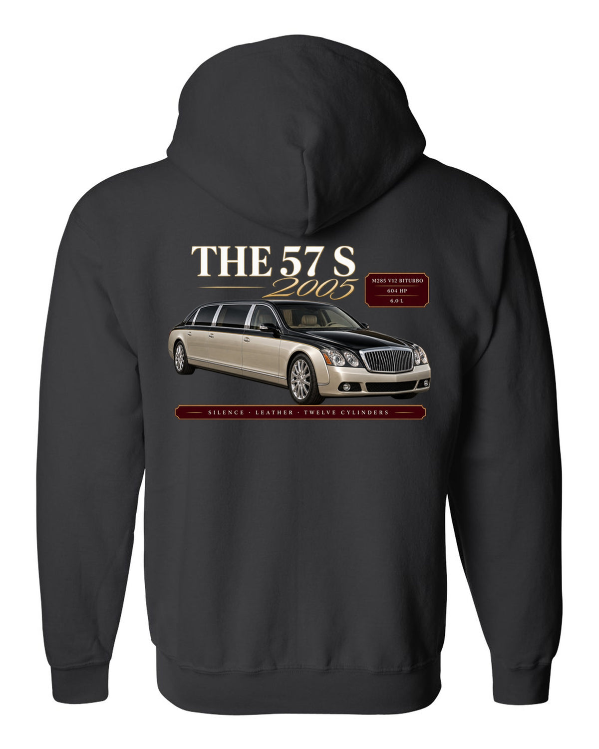 print archive panel of a Maybach 57 S W240 with text silence, leather, twelve cylinders black zip hoodie back view with the design