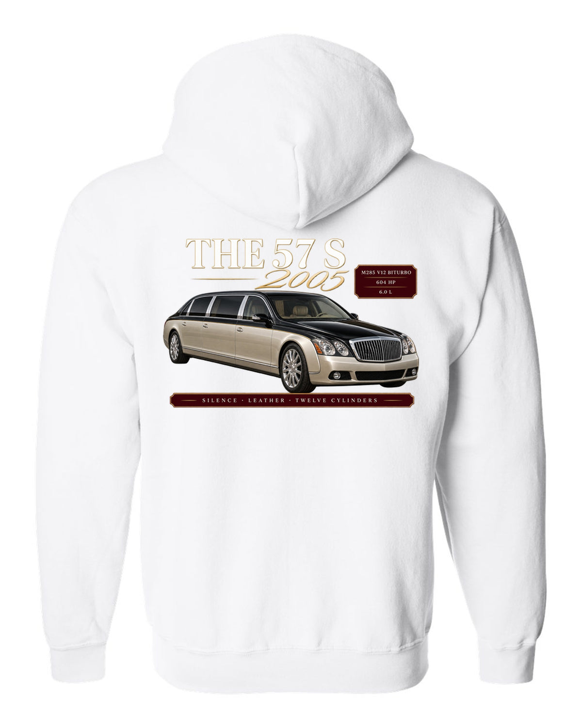 print archive panel of a Maybach 57 S W240 with text silence, leather, twelve cylinders white zip hoodie back view with the design