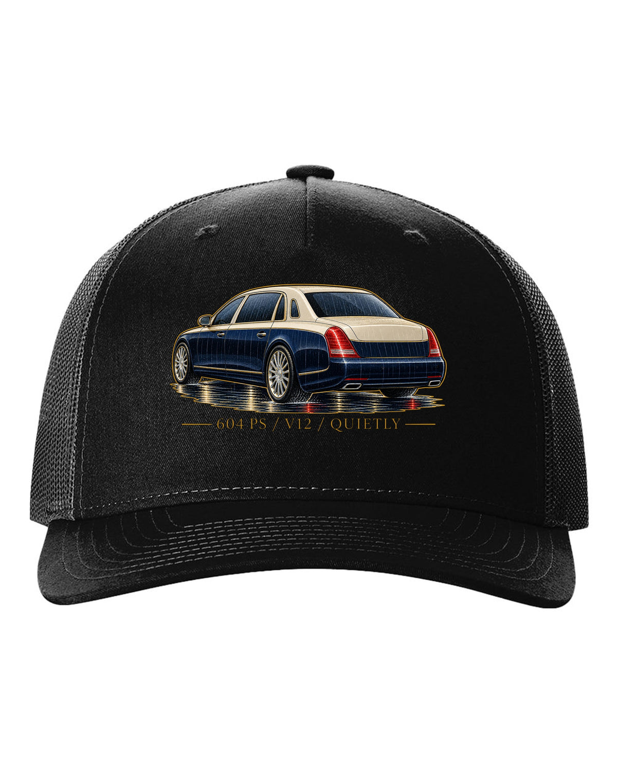 Single-line contour drawing of a Maybach 57 S W240 in rain with 604 PS V12 Quietly text black hat front view with the design
