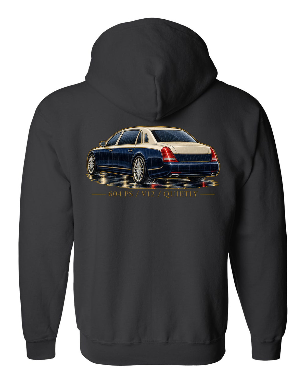 Single-line contour drawing of a Maybach 57 S W240 in rain with 604 PS V12 Quietly text black zip hoodie back view with the design