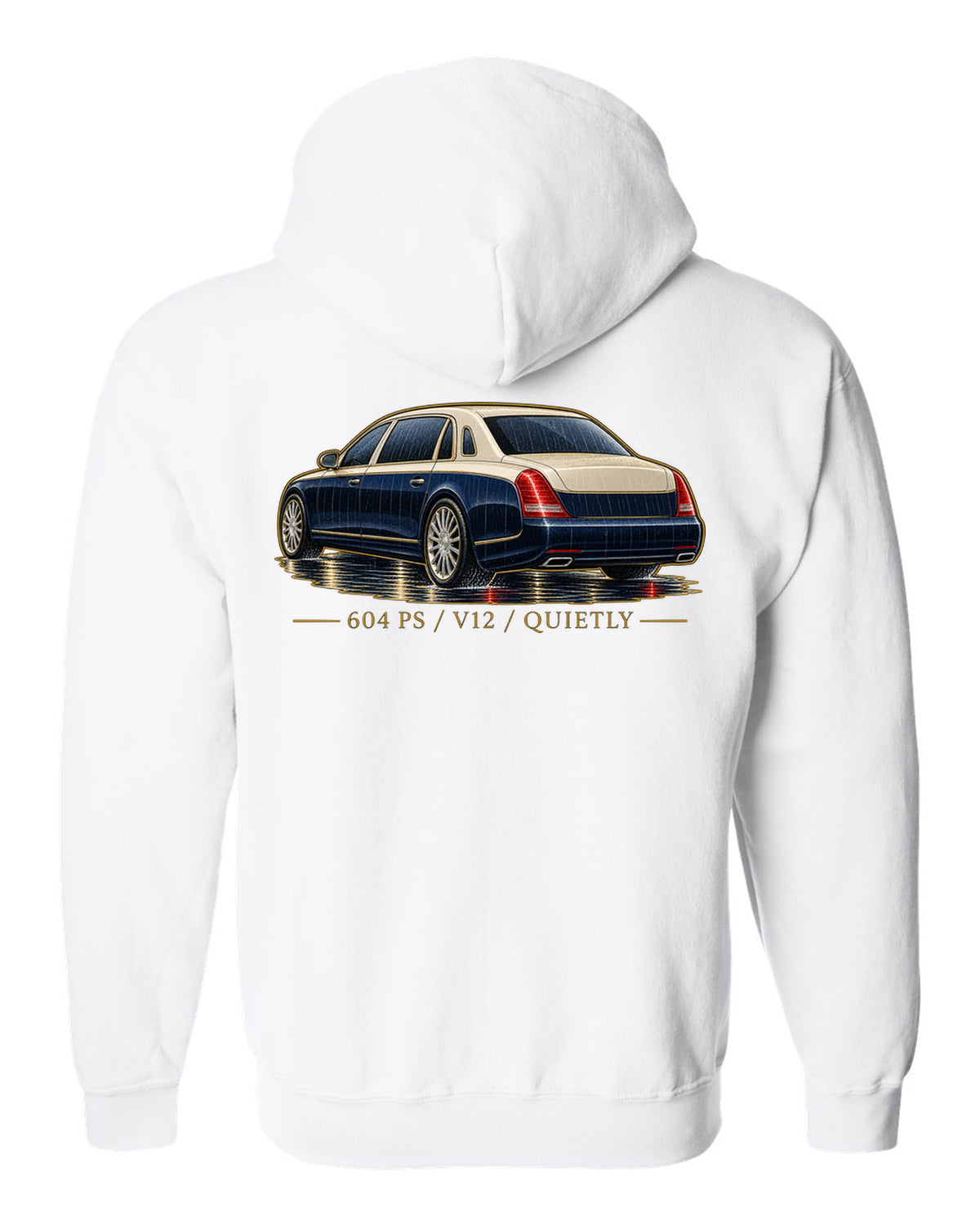 Single-line contour drawing of a Maybach 57 S W240 in rain with 604 PS V12 Quietly text white zip hoodie back view with the design