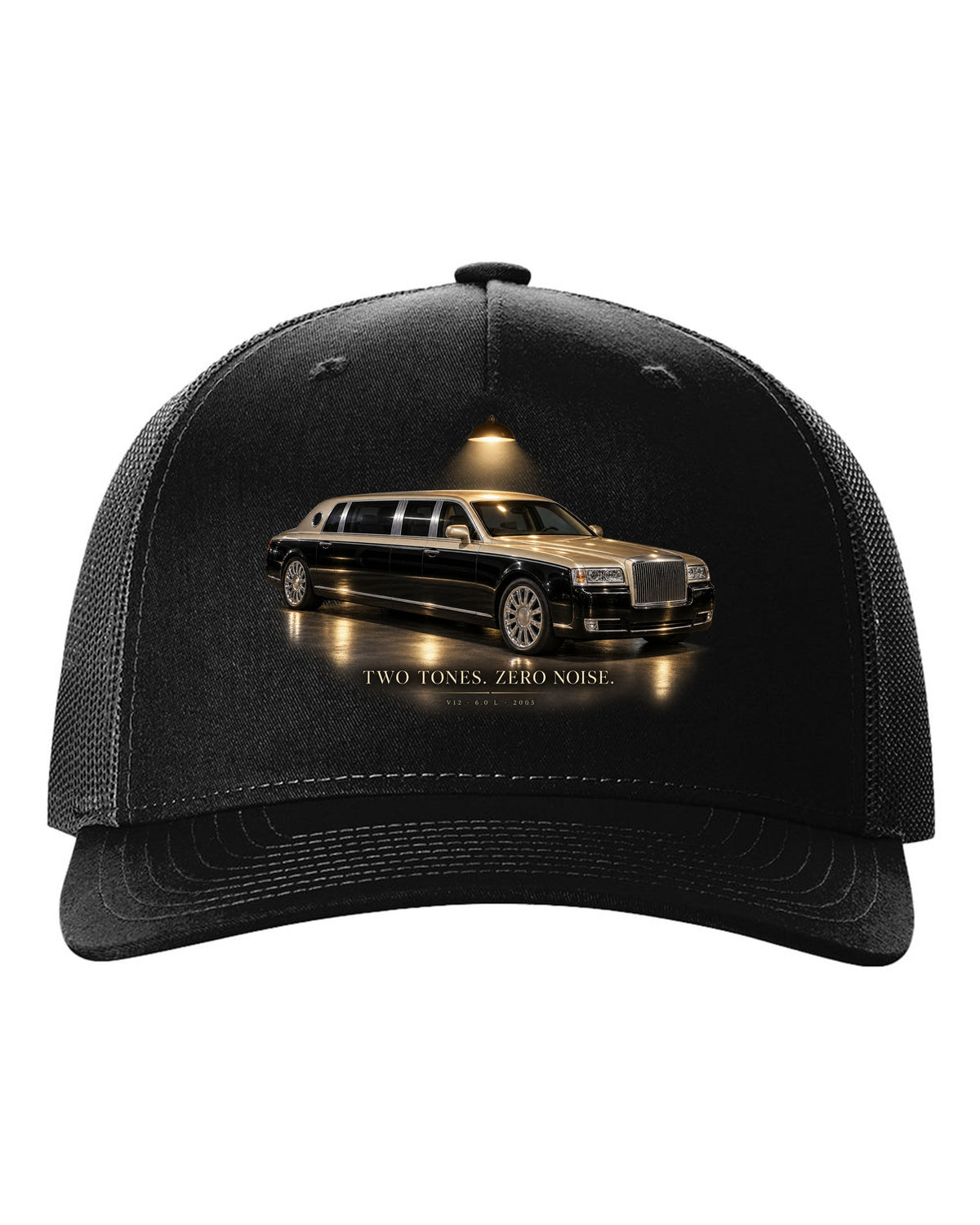 Garage night print of a Maybach 57 S W240 with Two Tones Zero Noise lettering black hat front view with the design
