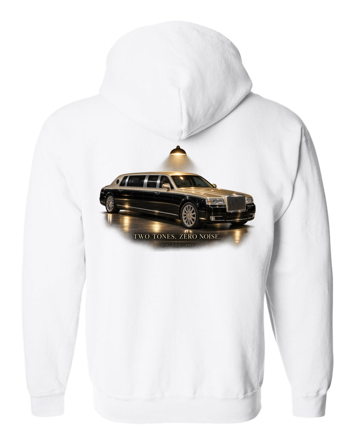 Garage night print of a Maybach 57 S W240 with Two Tones Zero Noise lettering white zip hoodie back view with the design