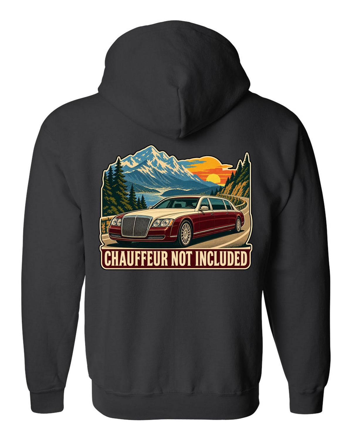 1960s litho travel poster of a Maybach 57 W240 with Chauffeur Not Included text black zip hoodie back view with the design