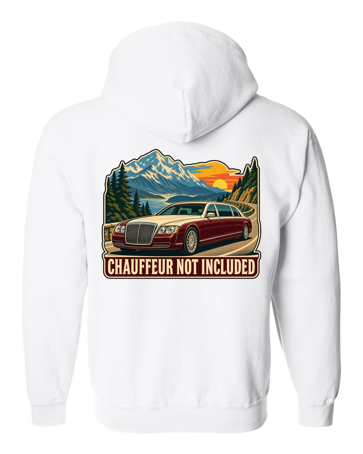 1960s litho travel poster of a Maybach 57 W240 with Chauffeur Not Included text white zip hoodie back view with the design