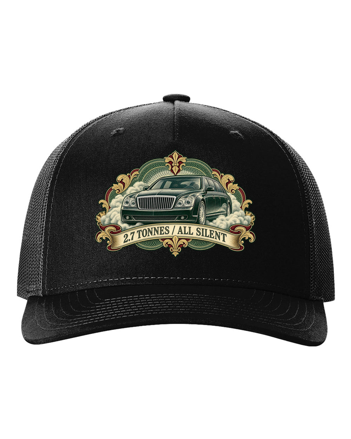 Engraved banknote style etching of a Maybach 57 W240 with 2.7 Tonnes All Silent text black hat front view with the design