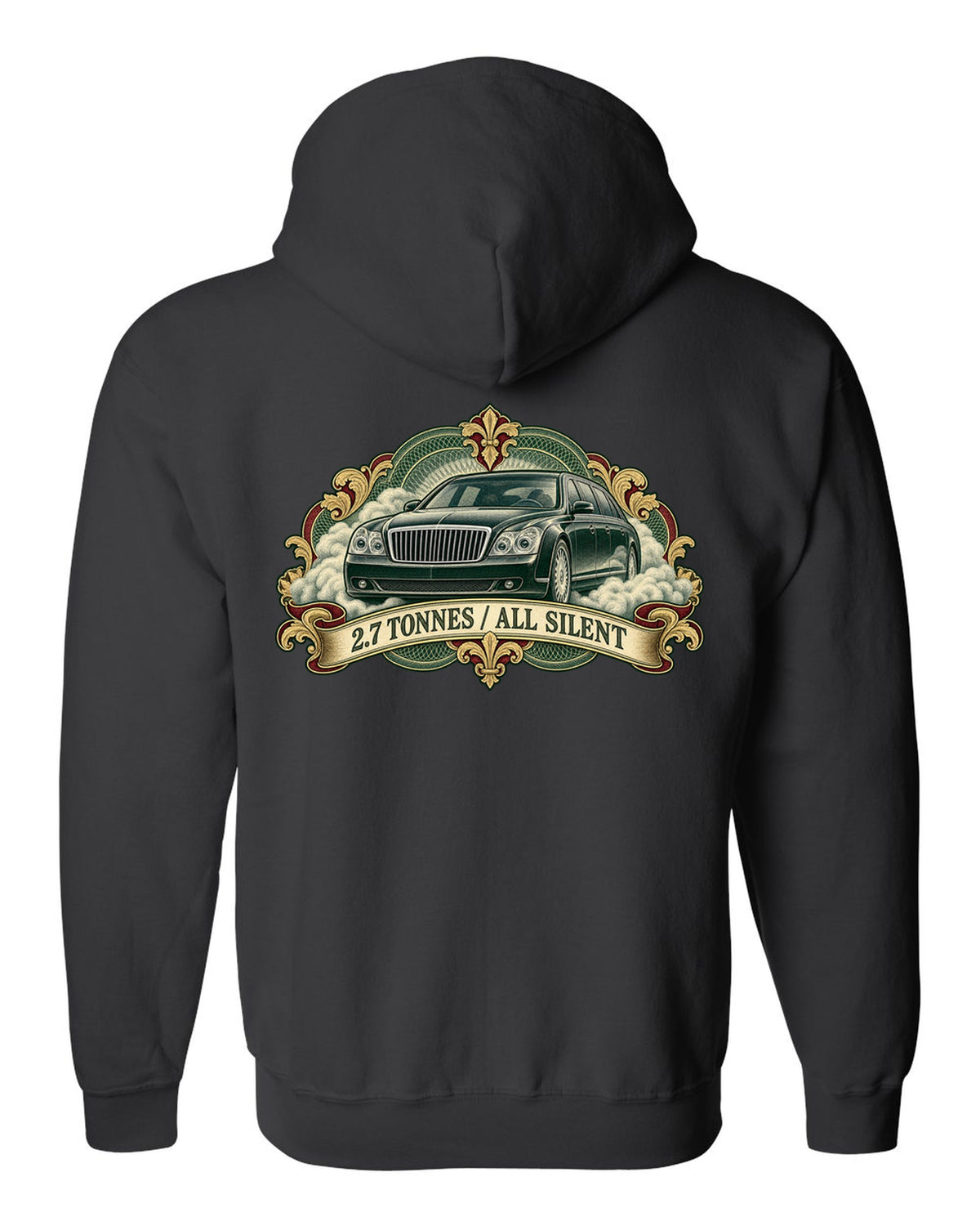Engraved banknote style etching of a Maybach 57 W240 with 2.7 Tonnes All Silent text black zip hoodie back view with the design