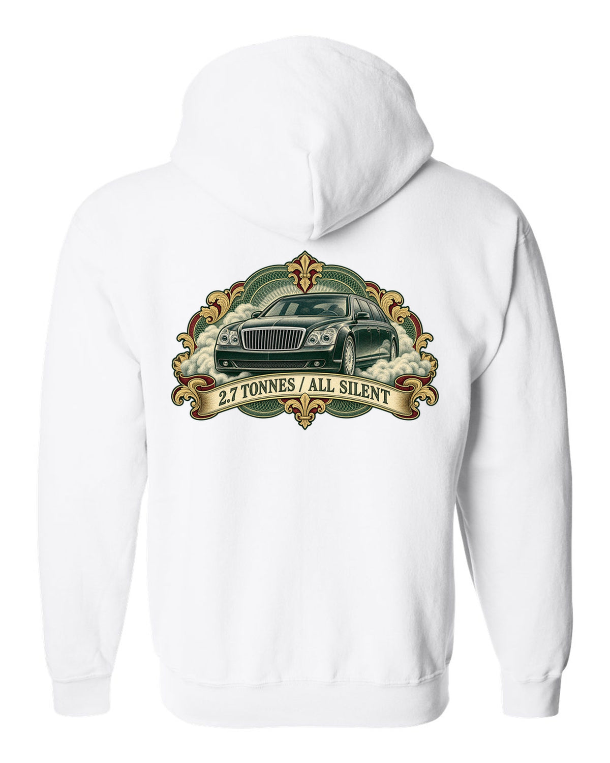 Engraved banknote style etching of a Maybach 57 W240 with 2.7 Tonnes All Silent text white zip hoodie back view with the design