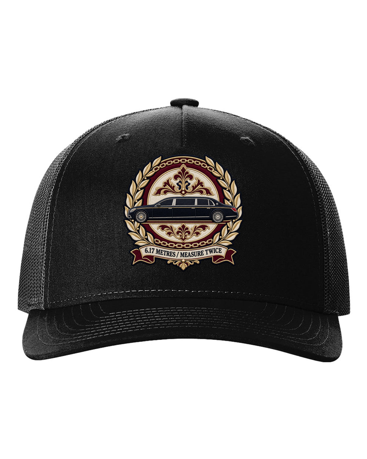 Embroidery style round crest of a Maybach 62 W240 opera window with 6.17 Metres Measure Twice text black hat front view with the design