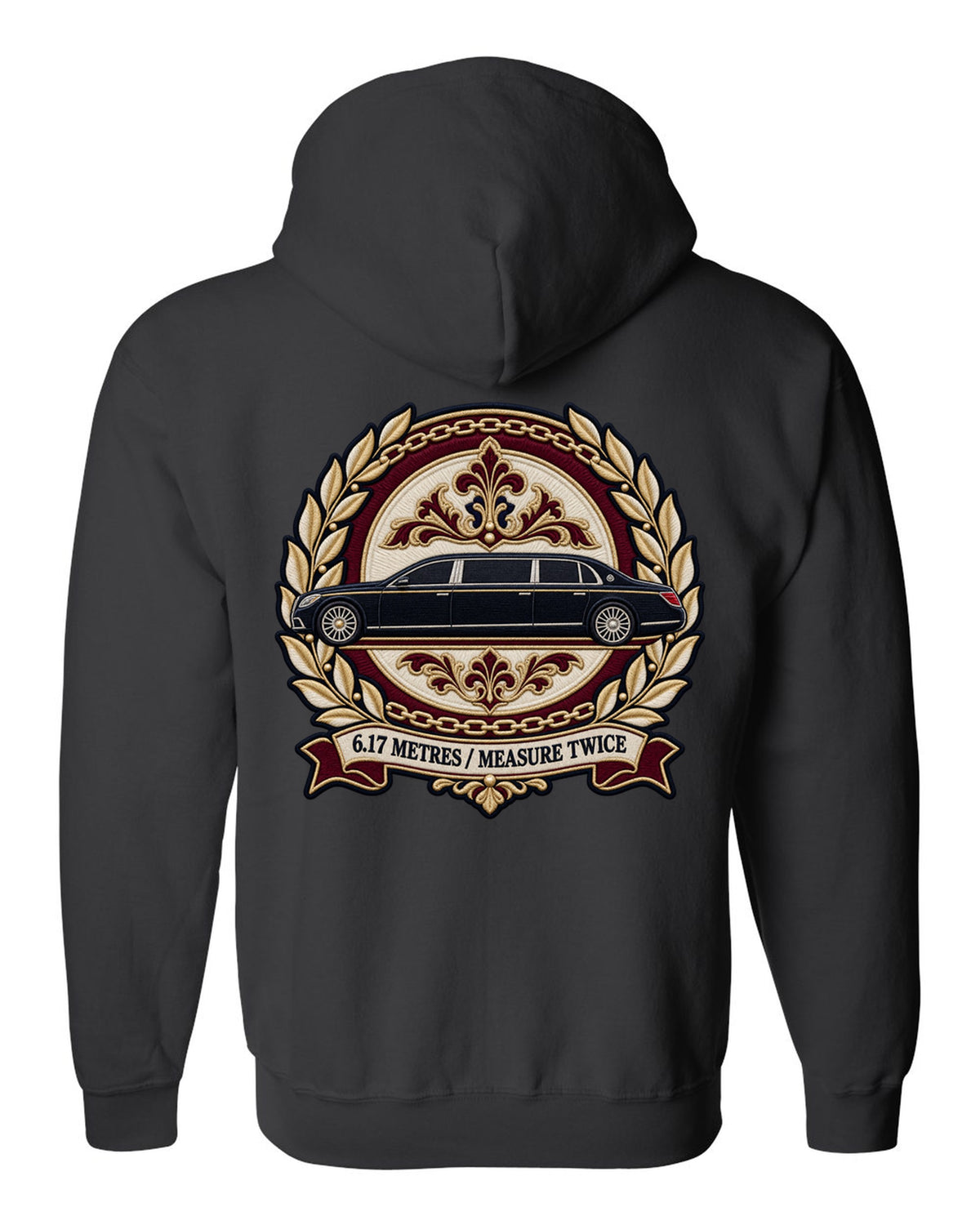 Embroidery style round crest of a Maybach 62 W240 opera window with 6.17 Metres Measure Twice text black zip hoodie back view with the design