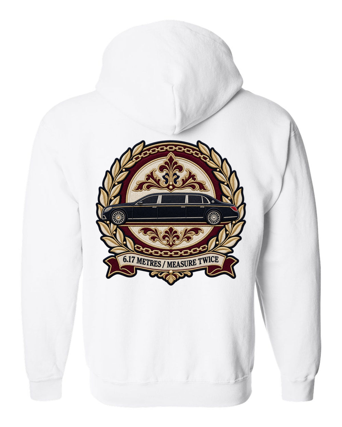 Embroidery style round crest of a Maybach 62 W240 opera window with 6.17 Metres Measure Twice text white zip hoodie back view with the design