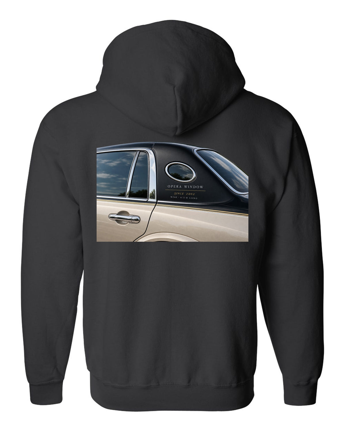 Detail macro print of a Maybach 62 W240 opera window with Since 2002 lettering black zip hoodie back view with the design