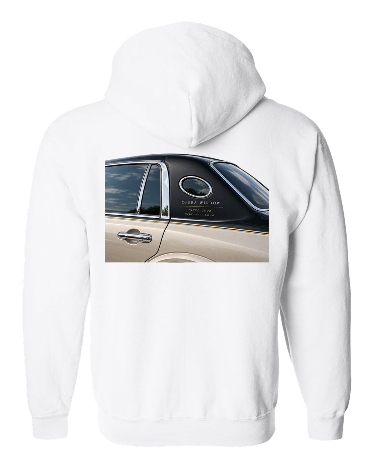 Detail macro print of a Maybach 62 W240 opera window with Since 2002 lettering white zip hoodie back view with the design