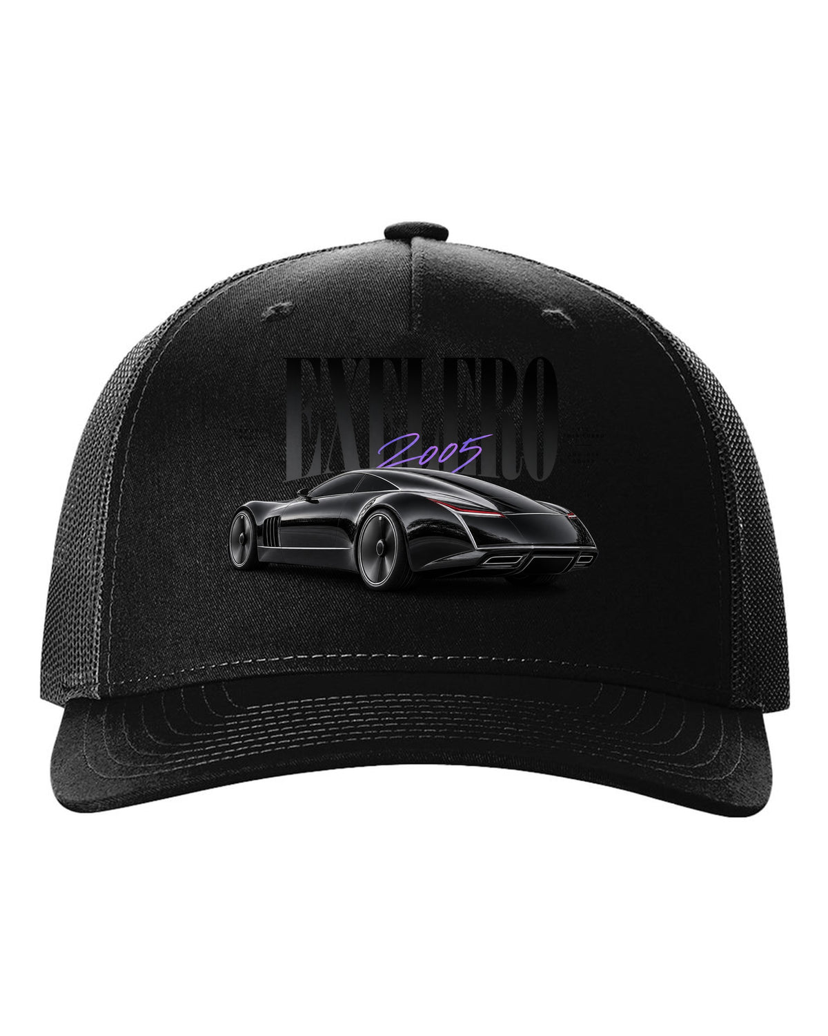 Editorial print of the Maybach Exelero one-off with Exelero 2005 Teardrop Roof lettering black hat front view with the design