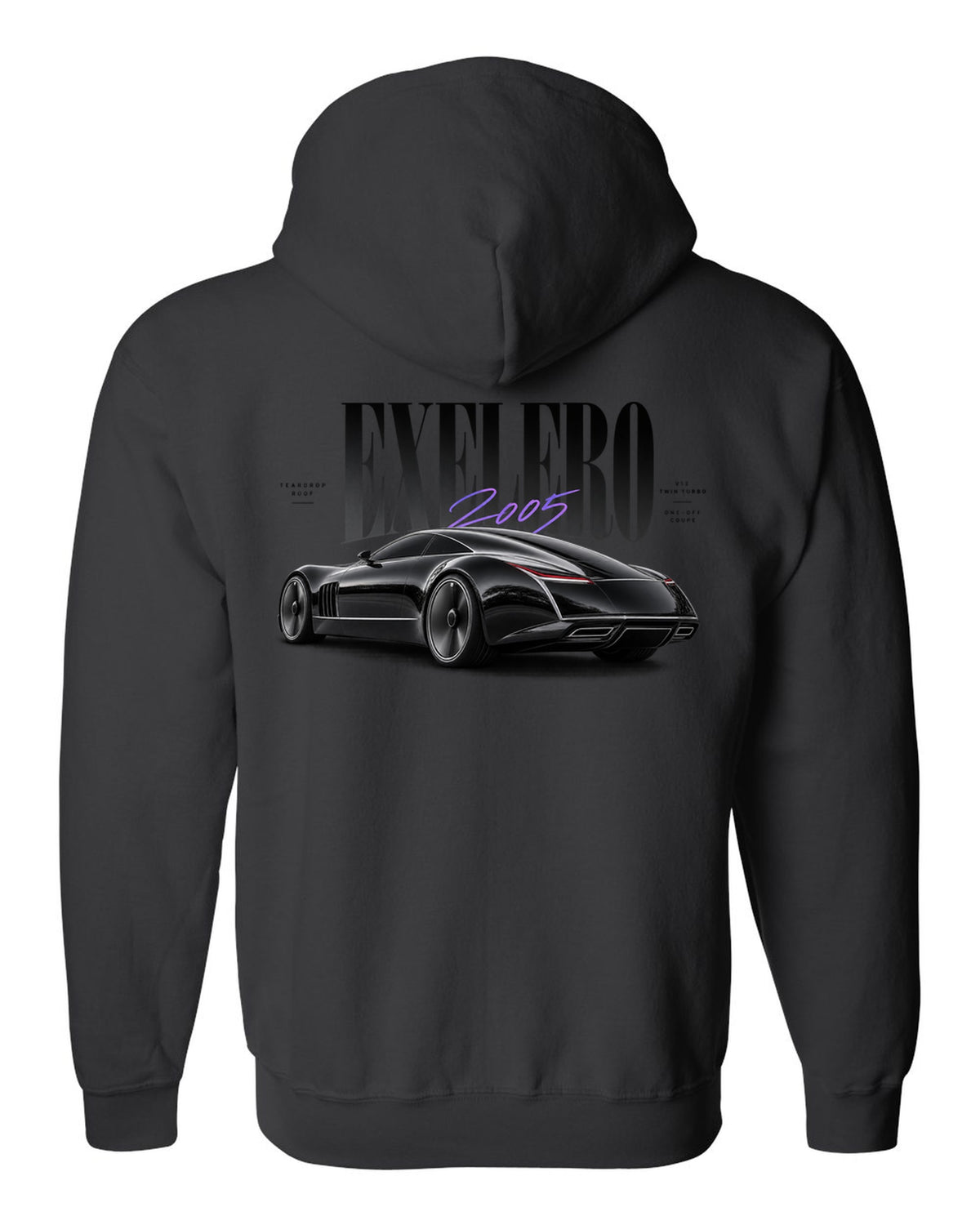 Editorial print of the Maybach Exelero one-off with Exelero 2005 Teardrop Roof lettering black zip hoodie back view with the design
