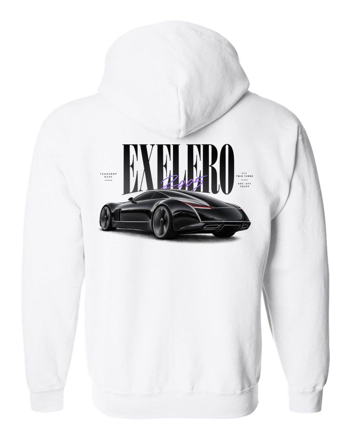 Editorial print of the Maybach Exelero one-off with Exelero 2005 Teardrop Roof lettering white zip hoodie back view with the design