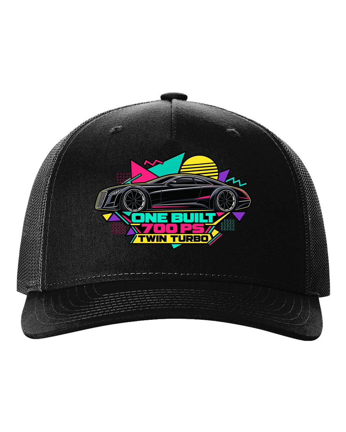 Retro Memphis style vector illustration of the one-off Maybach Exelero with One Built 700 PS Twin Turbo text black hat front view with the design