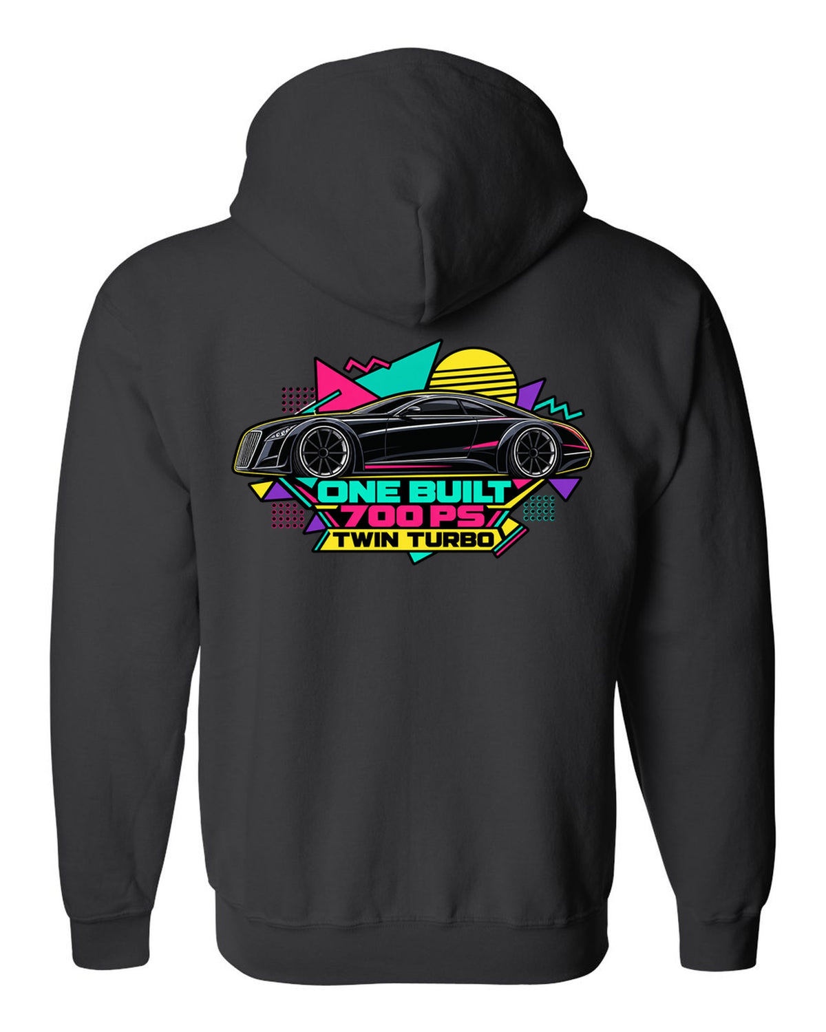 Retro Memphis style vector illustration of the one-off Maybach Exelero with One Built 700 PS Twin Turbo text black zip hoodie back view with the design