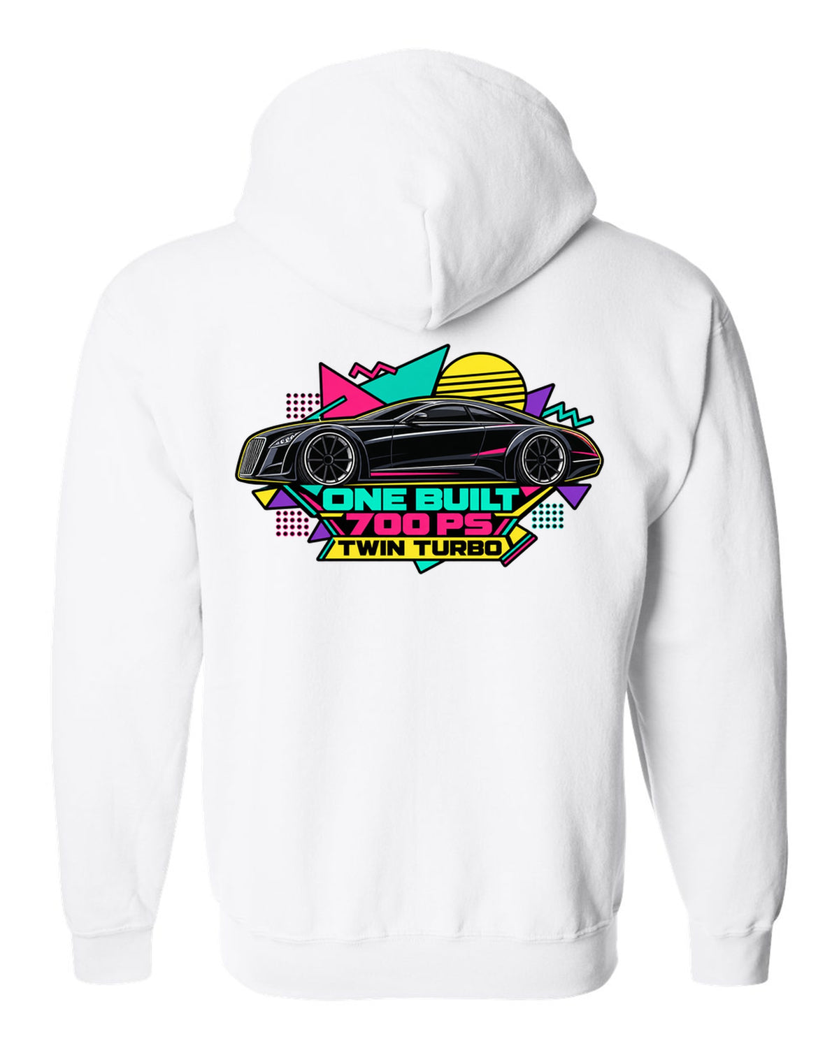 Retro Memphis style vector illustration of the one-off Maybach Exelero with One Built 700 PS Twin Turbo text white zip hoodie back view with the design