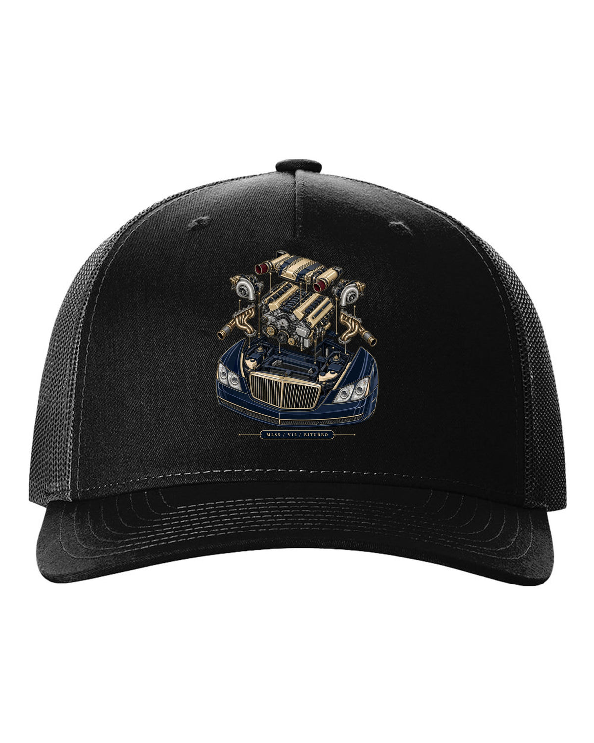 Pastel vaporwave rear view of the one-off Maybach Exelero on a shirt back black hat front view with the design