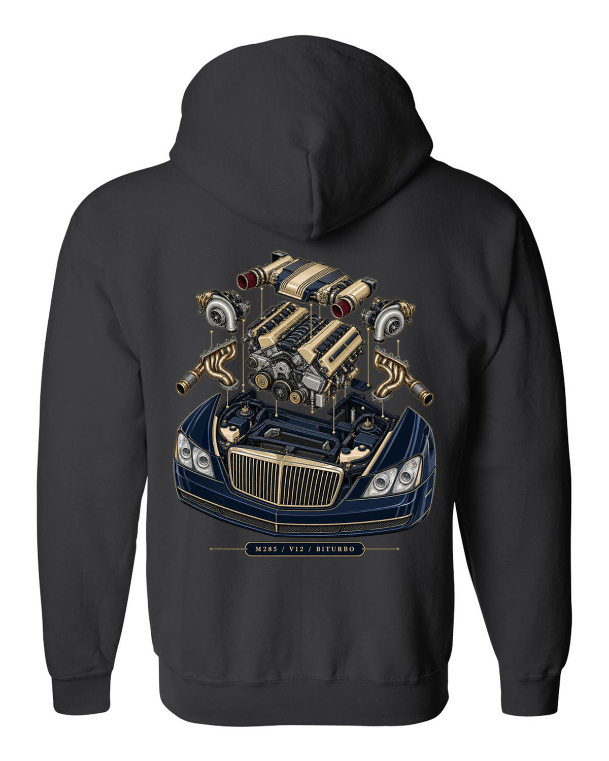 Pastel vaporwave rear view of the one-off Maybach Exelero on a shirt back black zip hoodie back view with the design