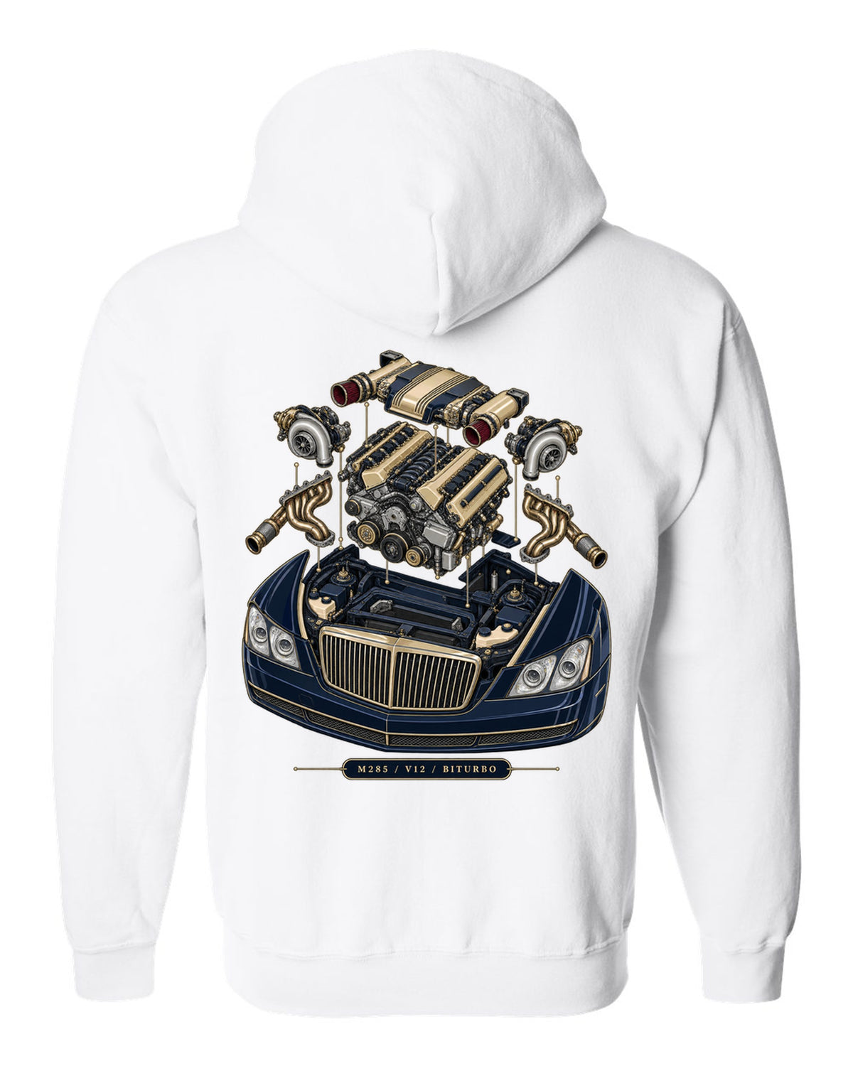 Pastel vaporwave rear view of the one-off Maybach Exelero on a shirt back white zip hoodie back view with the design