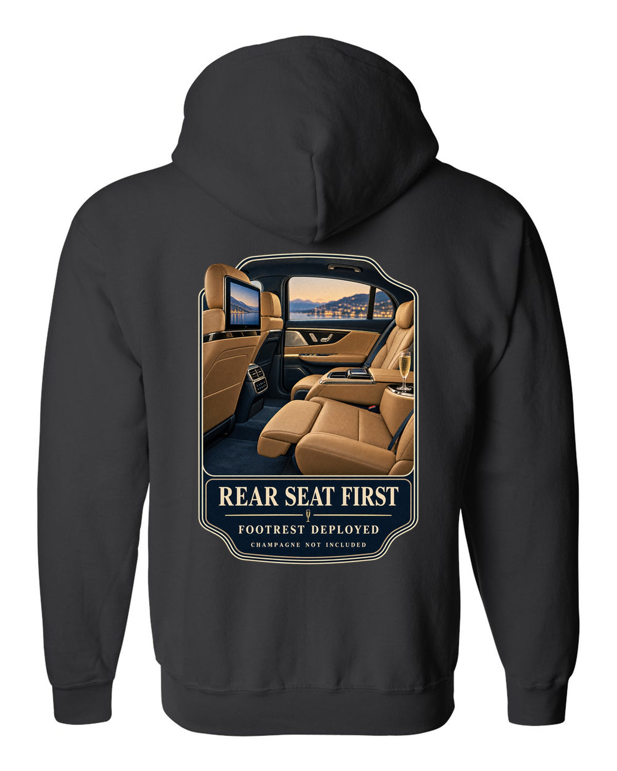 print of the Mercedes-Maybach S680 rear executive cabin with footrest deployed black zip hoodie back view with the design