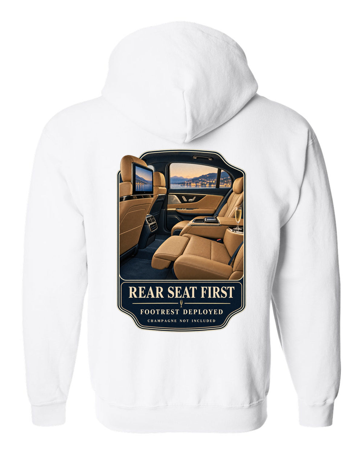 print of the Mercedes-Maybach S680 rear executive cabin with footrest deployed white zip hoodie back view with the design