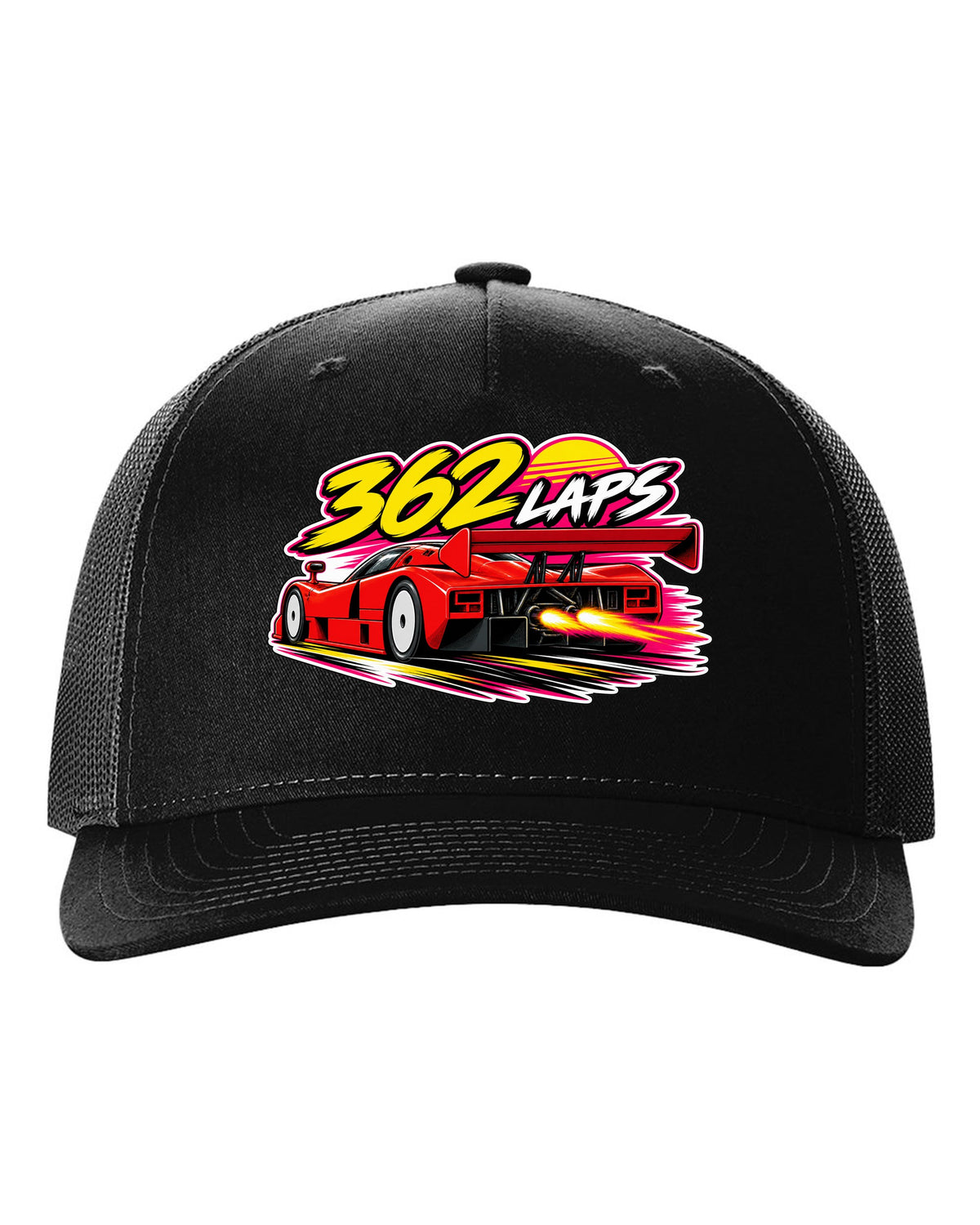 Retro 90s racing sticker-bomb collage for the Mazda 787B with 362 LAPS lettering black hat front view with the design
