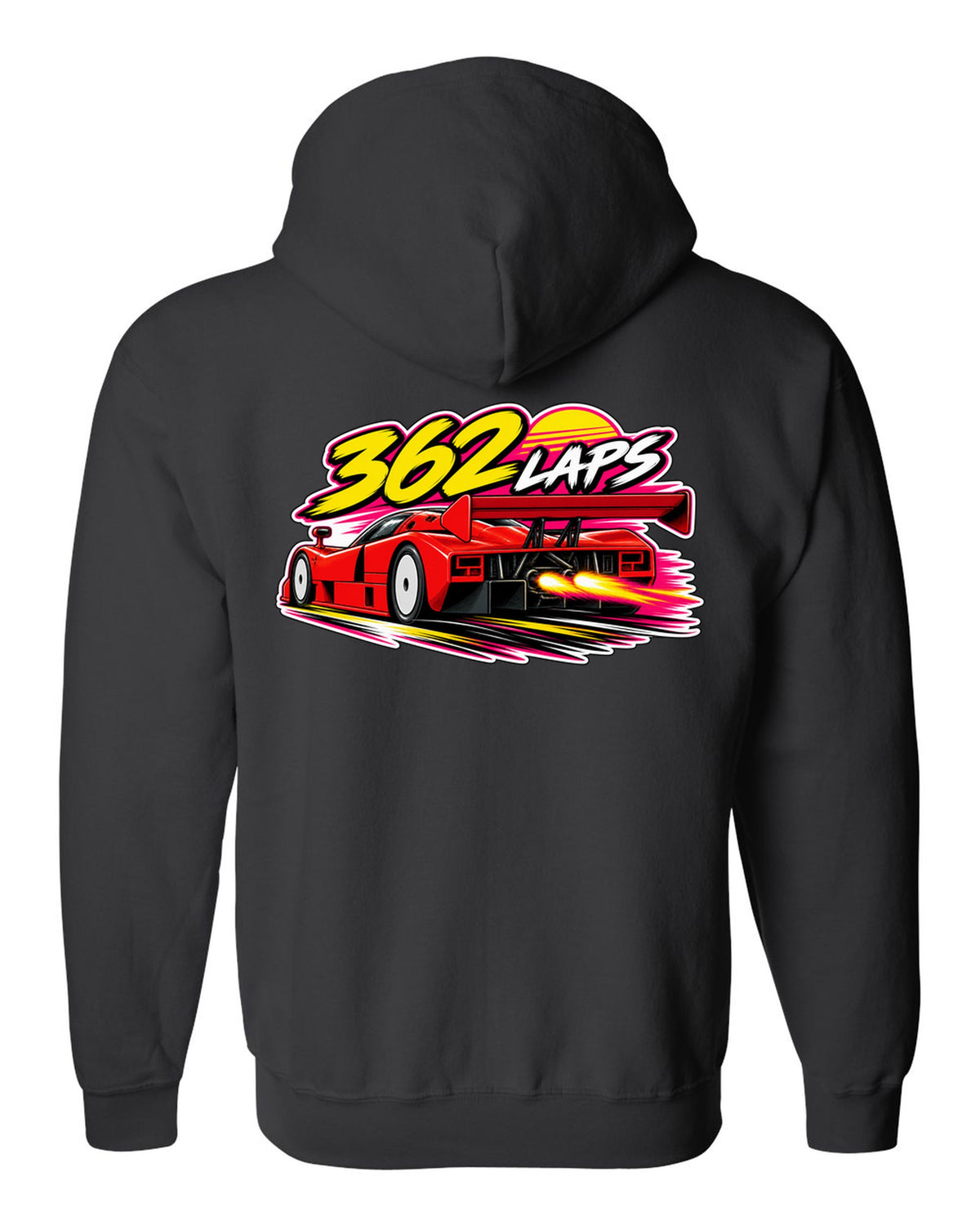Retro 90s racing sticker-bomb collage for the Mazda 787B with 362 LAPS lettering black zip hoodie back view with the design