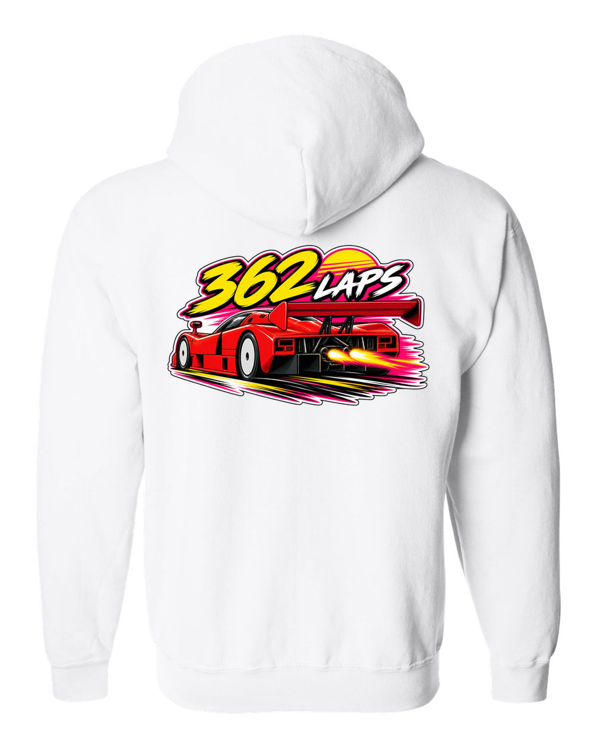 Retro 90s racing sticker-bomb collage for the Mazda 787B with 362 LAPS lettering white zip hoodie back view with the design