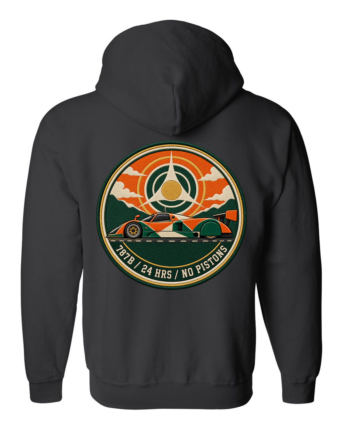 Varsity crest print of the Mazda 787B with 24 hrs and no pistons lettering black zip hoodie back view with the design