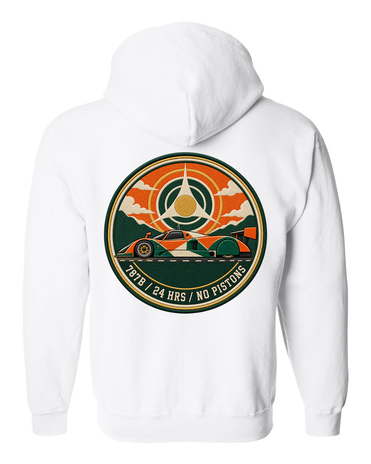 Varsity crest print of the Mazda 787B with 24 hrs and no pistons lettering white zip hoodie back view with the design