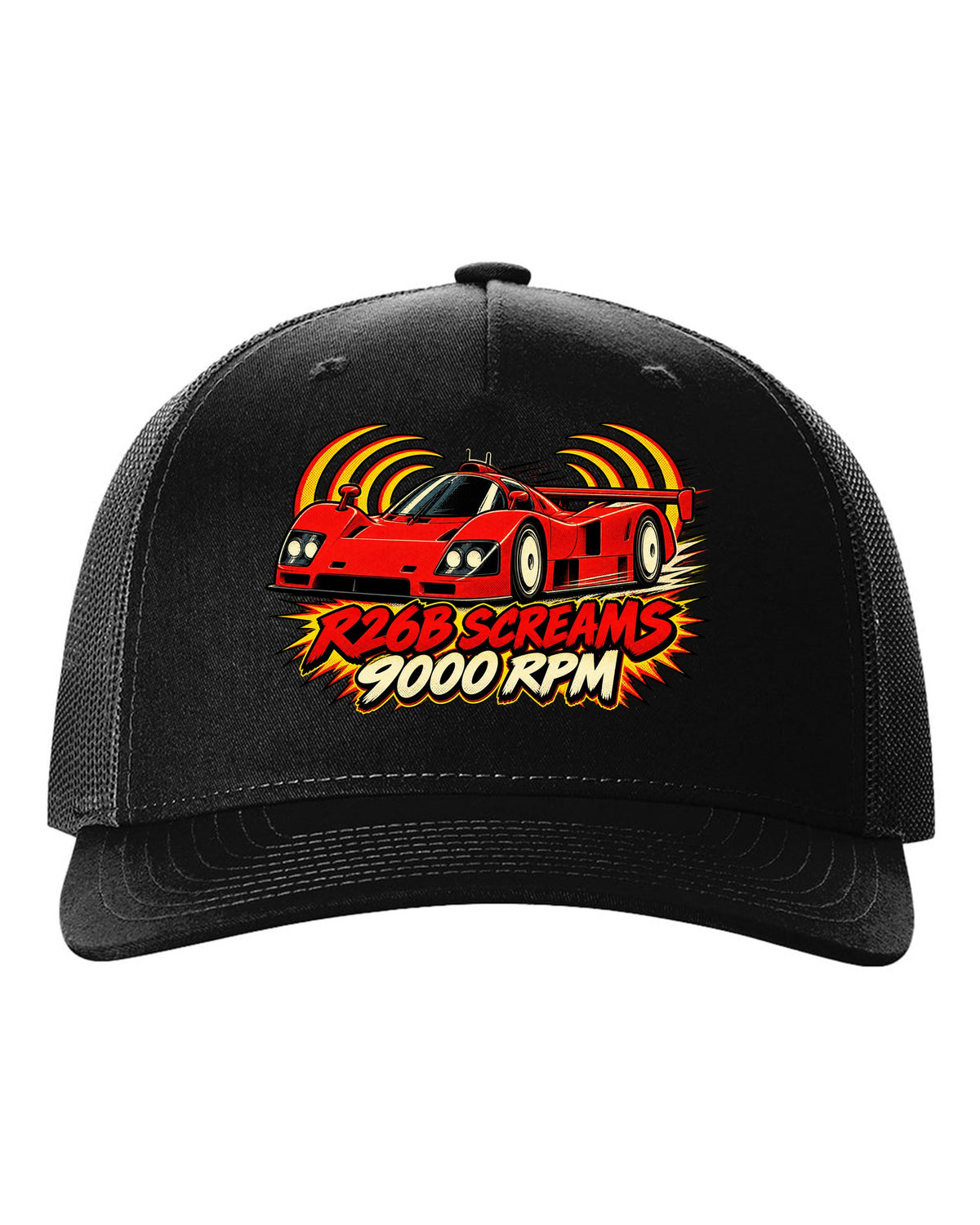 Embroidery-style varsity crest for the Mazda 787B with 787B / 2.6 L / 4 ROTOR lettering black hat front view with the design