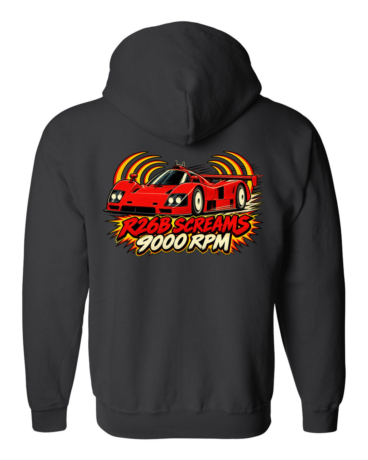 Embroidery-style varsity crest for the Mazda 787B with 787B / 2.6 L / 4 ROTOR lettering black zip hoodie back view with the design