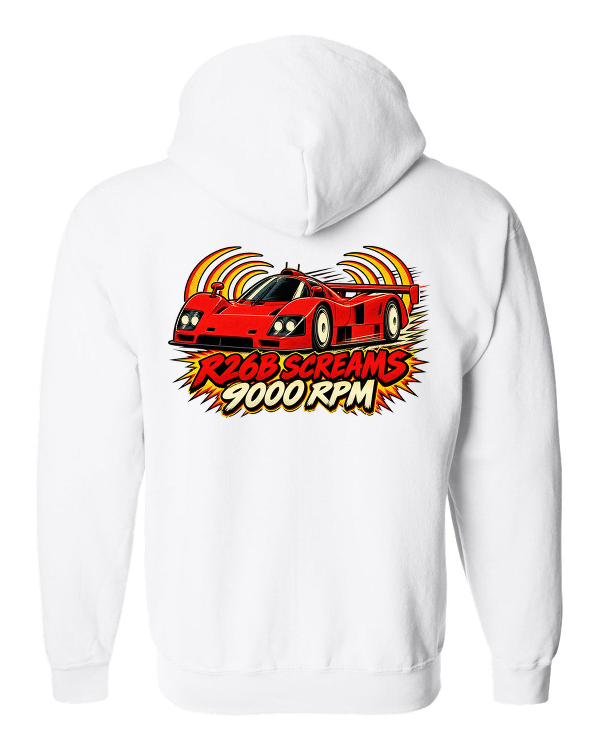 Embroidery-style varsity crest for the Mazda 787B with 787B / 2.6 L / 4 ROTOR lettering white zip hoodie back view with the design
