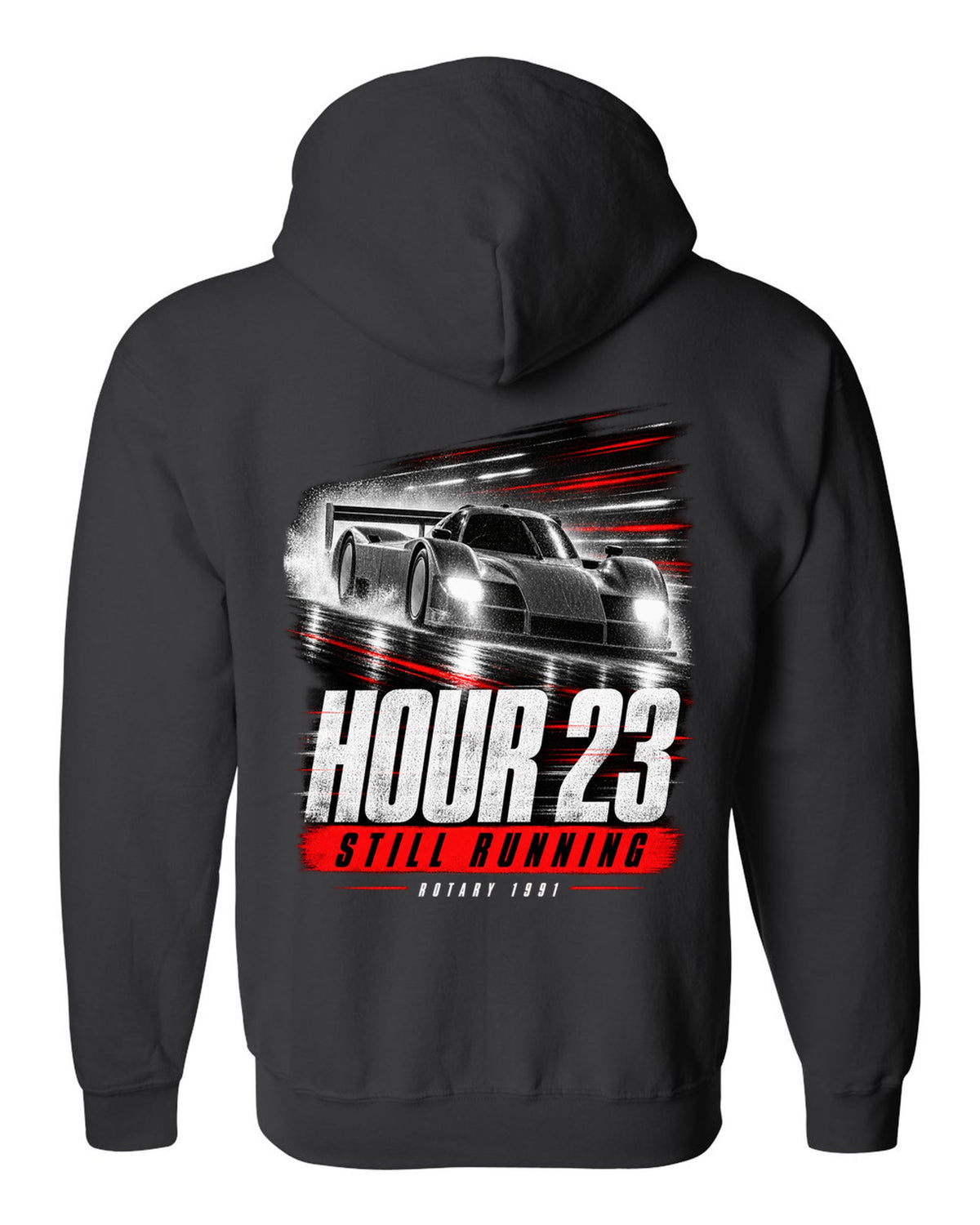 Cropped Mazda 787B race poster reading hour 23 still running rotary 1991 black zip hoodie back view with the design