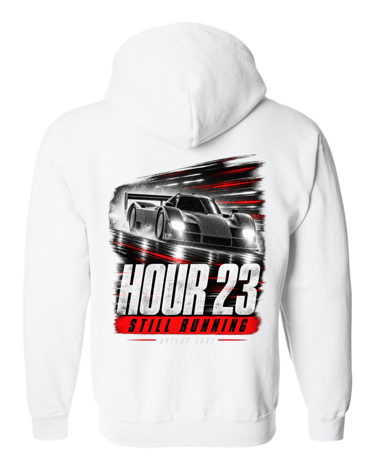 Cropped Mazda 787B race poster reading hour 23 still running rotary 1991 white zip hoodie back view with the design