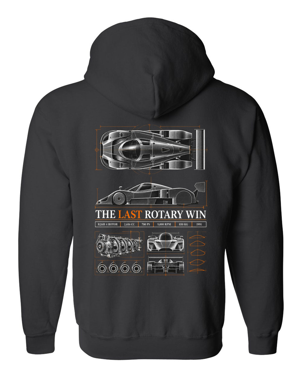 Spec poster print for the 1991 Mazda 787B with R26B four-rotor, 700 PS and 830 kg figures black zip hoodie back view with the design