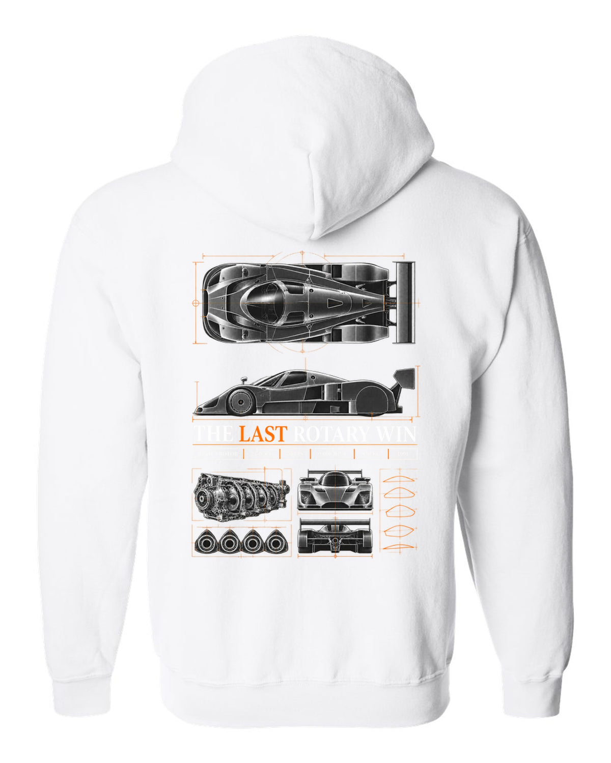 Spec poster print for the 1991 Mazda 787B with R26B four-rotor, 700 PS and 830 kg figures white zip hoodie back view with the design