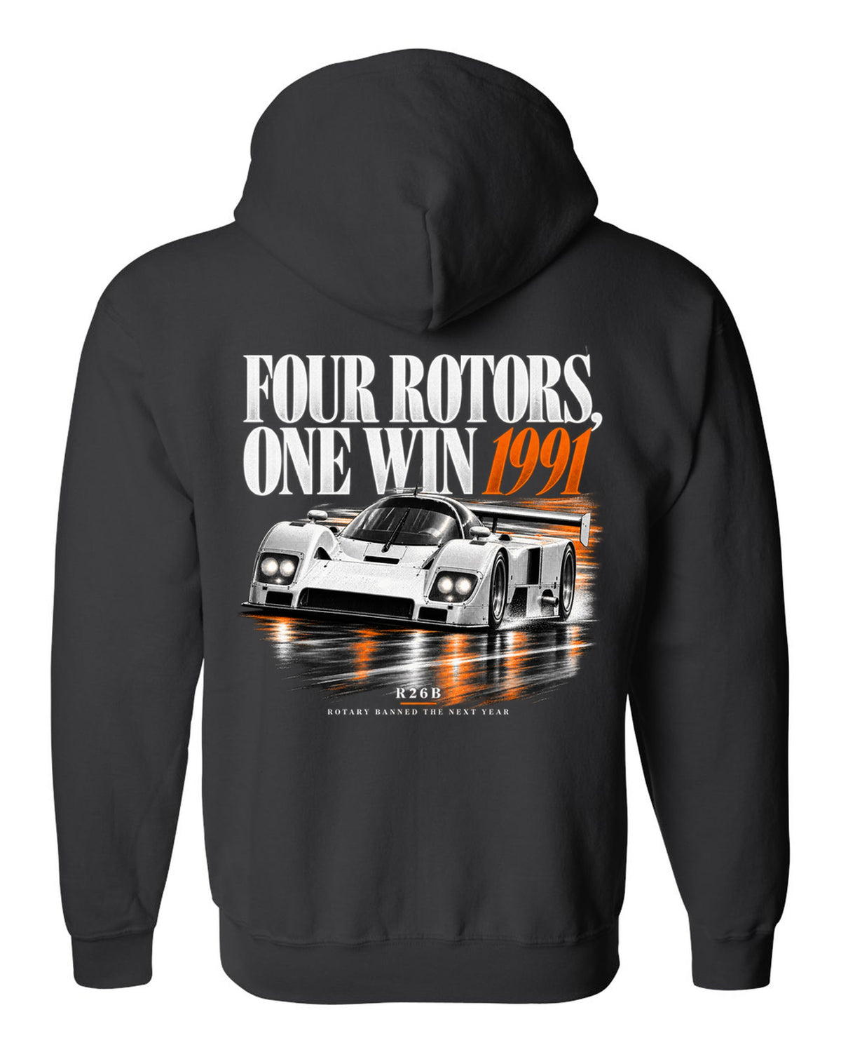 Mazda 787B four rotors editorial headline print, 1991 R26B black zip hoodie back view with the design