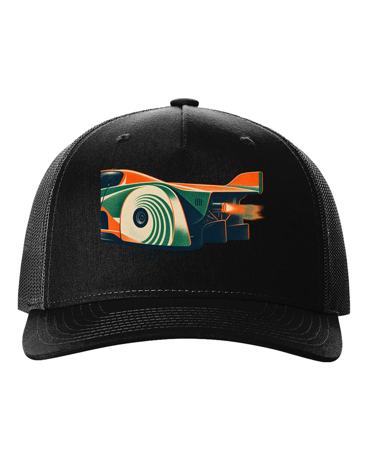 Risograph print of a Mazda 787B wheel and exhaust with R26B and 1991 text black hat front view with the design