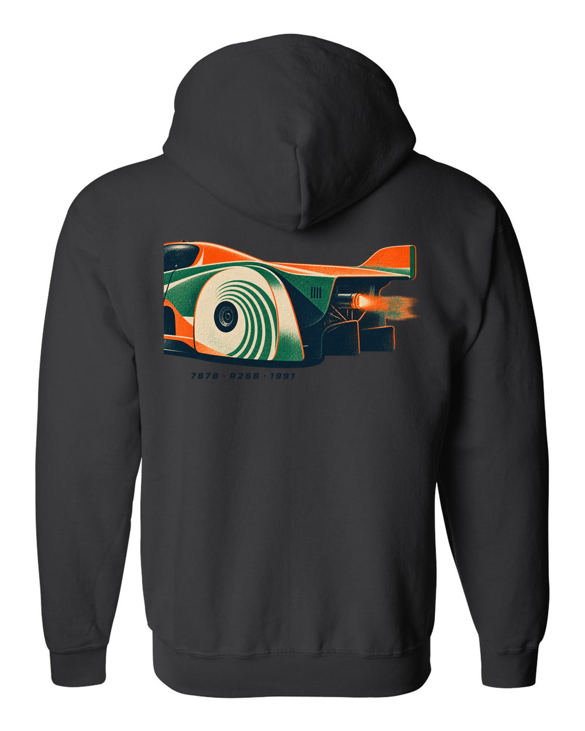 Risograph print of a Mazda 787B wheel and exhaust with R26B and 1991 text black zip hoodie back view with the design