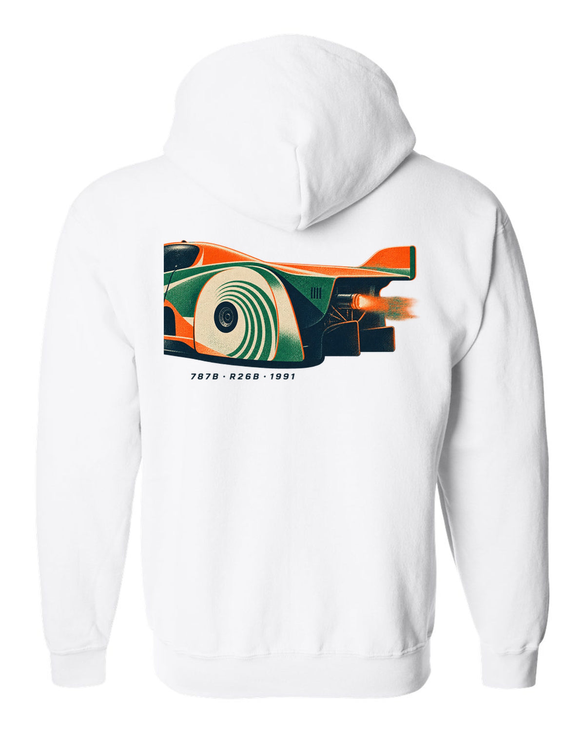 Risograph print of a Mazda 787B wheel and exhaust with R26B and 1991 text white zip hoodie back view with the design