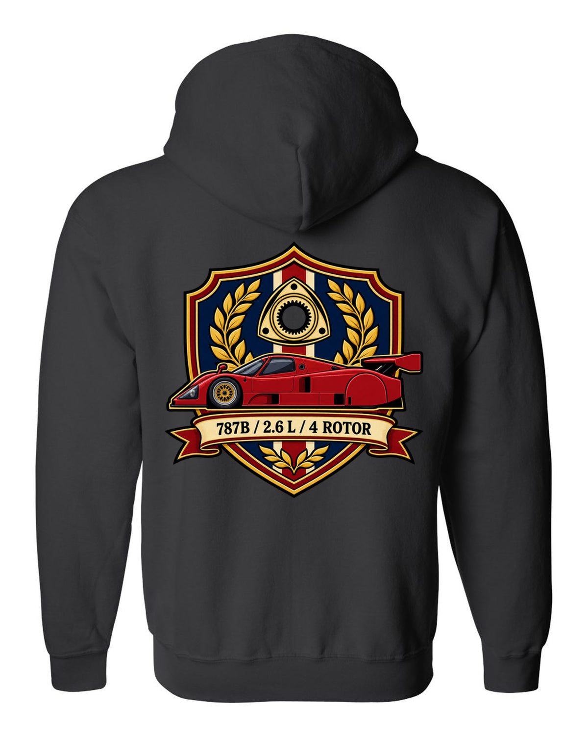 Comic halftone pop art design of the Mazda 787B with R26B SCREAMS / 9000 RPM lettering black zip hoodie back view with the design
