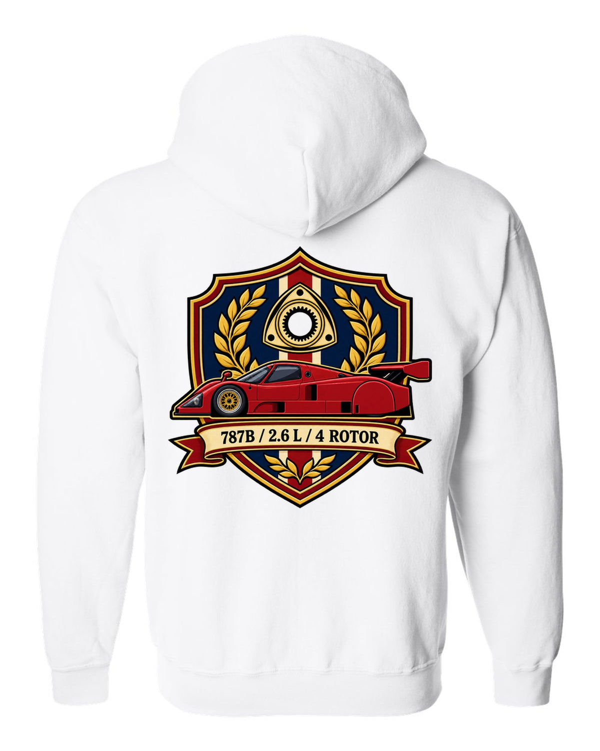 Comic halftone pop art design of the Mazda 787B with R26B SCREAMS / 9000 RPM lettering white zip hoodie back view with the design